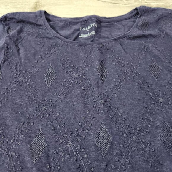 Talbots Navy Embroidered 100% Cotton 3/4 Sleeve Knit Top Women's Size L - Picture 9 of 14